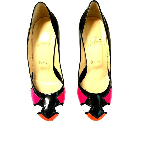 Christian Louboutin Astrogirl Patent Colorblock Heels Black Pink Gold 38 - Picture 2 of 15